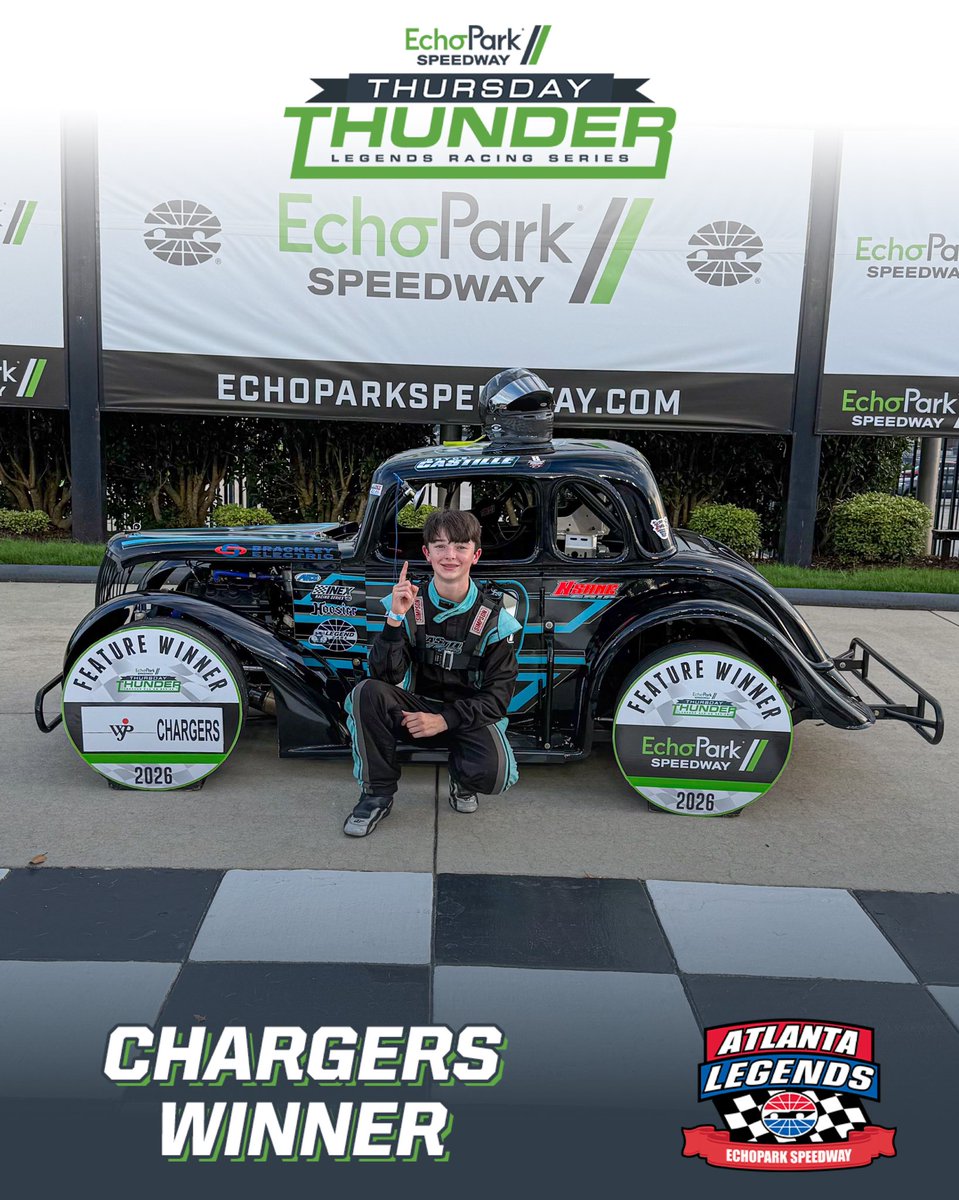 USLegendCars's tweet photo. Taking home his first Legend Car victory, Bryce Castille wins the opening Chargers Round of #ThursdayThunder from @EchoParkSpdwy!👊

#INEX | @legendsofga https://t.co/AILWcZo6ZR