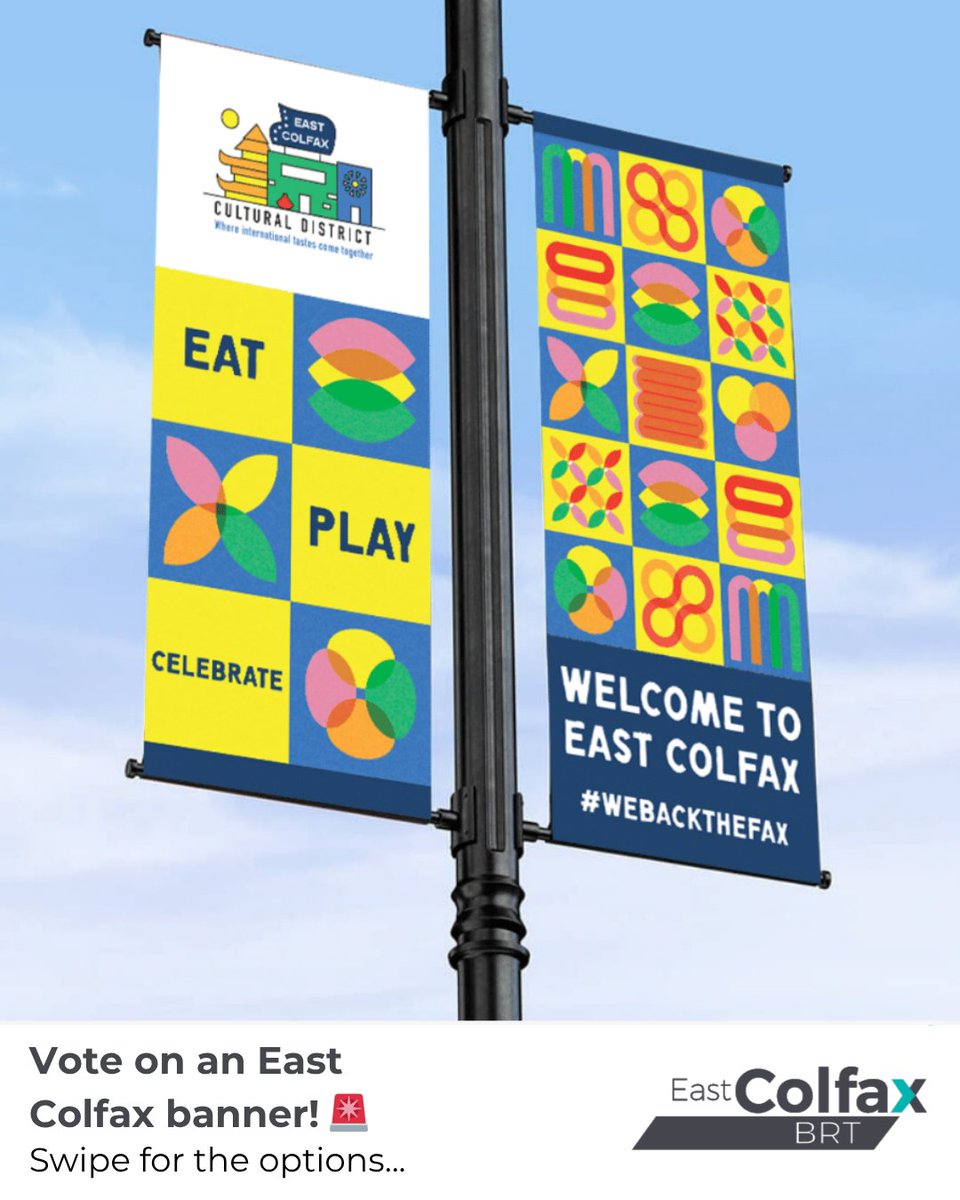 WeBackTheFax's tweet photo. 🚨 East Colfax is getting 25 brand new lampposts and banners between Tamarac and Verbena! We need you to vote for your favorite design 🫵

‼️ Cast your vote at https://t.co/xRLmbcdbsz

#WeBackTheFax #EastColfaxBRT https://t.co/hQVJPawiBb