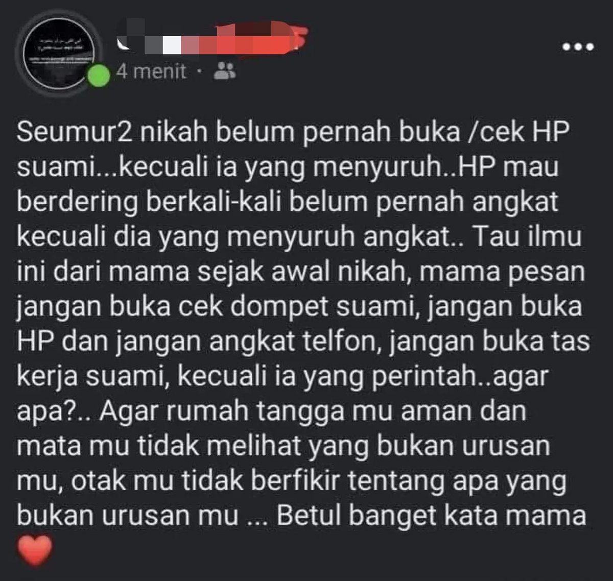 Just_Ab1's tweet photo. @txtharihariWNI Nasihat buat para istri.

TANPA IZIN dr suami:
➖Jangan buka2 dompetnya.
➖Jangan buka2 HP-nya.
➖Jangan buka2 tas kerjanya.

Sebabnya?
Tidaklah semua urusan suami, si istri WAJIB tahu.

Tapi hendaknya seorang suami BERTAQWA kpd Allah.

Wallahu a'lam.
https://t.co/FkjJotZPRX