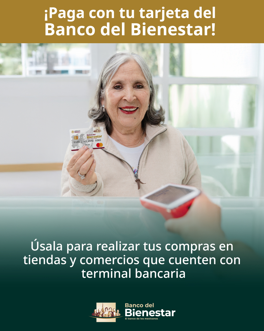 bbienestarmx's tweet photo. ¡Paga con tu tarjeta del #BancoDelBienestar! 

Úsala para realizar tus compras en tiendas y comercios que cuenten con terminal bancaria.

#ElBancoDelPuebloDeMéxico https://t.co/2gpXy0tP4J