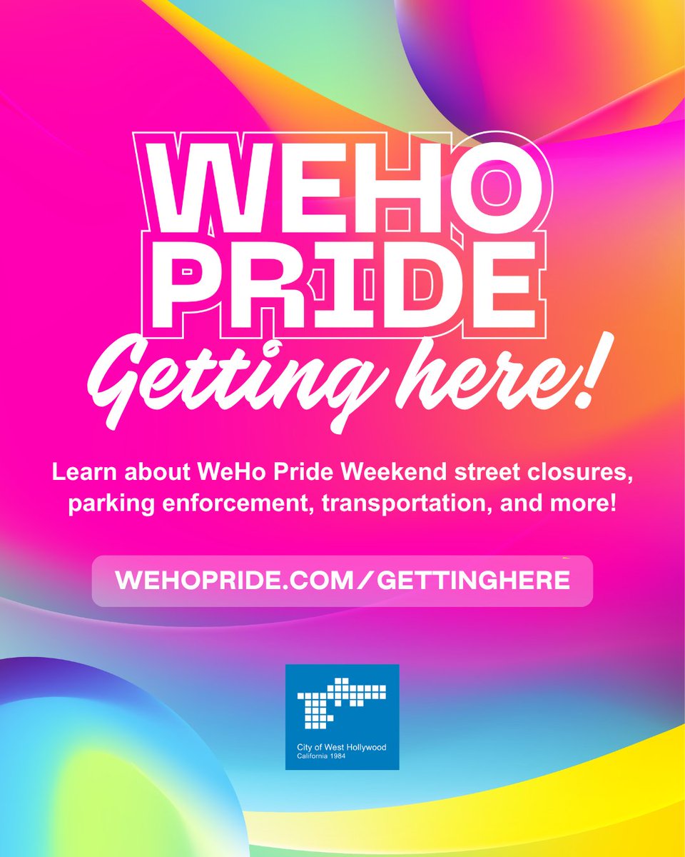 WeHoCity's tweet photo. As WeHo Pride Weekend approaches, please plan ahead for temporary street and facility closures from June 5–7 in and around WeHo Park and Santa Monica Blvd.

💖 Visit https://t.co/jLxhH3OpYD for full closure details, maps, transportation info, and more! https://t.co/vyhQCxbZN8