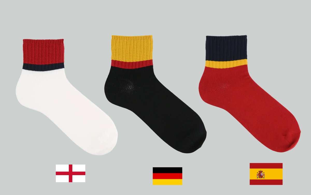 Tabio_MEN's tweet photo. サッカー好きのMDが、サッカーの強豪国のユニフォーム・国旗をイメージして靴下を配色してました。 https://t.co/pU9RGwjypE