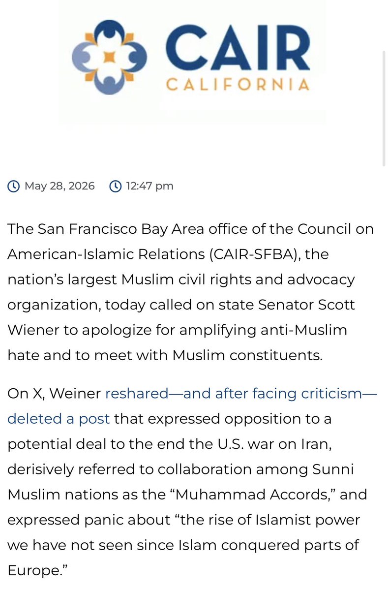 BrandonHarami's tweet photo. Breaking: @CAIRNational (Council on American-Islamic Relations)  has released a statement condemning @Scott_Wiener for retweeting Islamophobic tweets while asking him to apologize and meet with his Muslim constituents.

https://t.co/eq5PcOPgYM https://t.co/pqLcsLcjjT