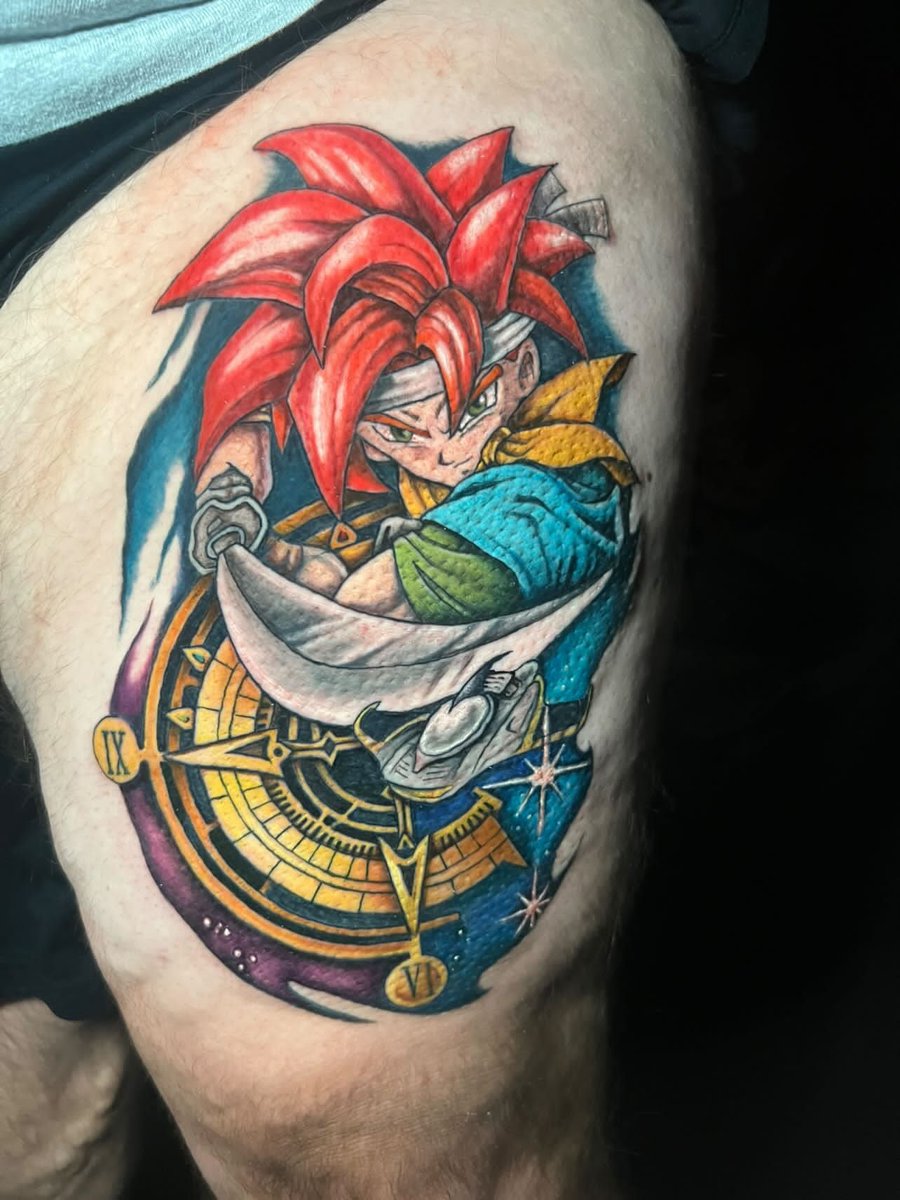 toorima99's tweet photo. Really happy with how the rest of my #ChronoTrigger tattoo turned out. Now to heal and get ready for some more video games tattoos. https://t.co/Ytx7WZIKXS