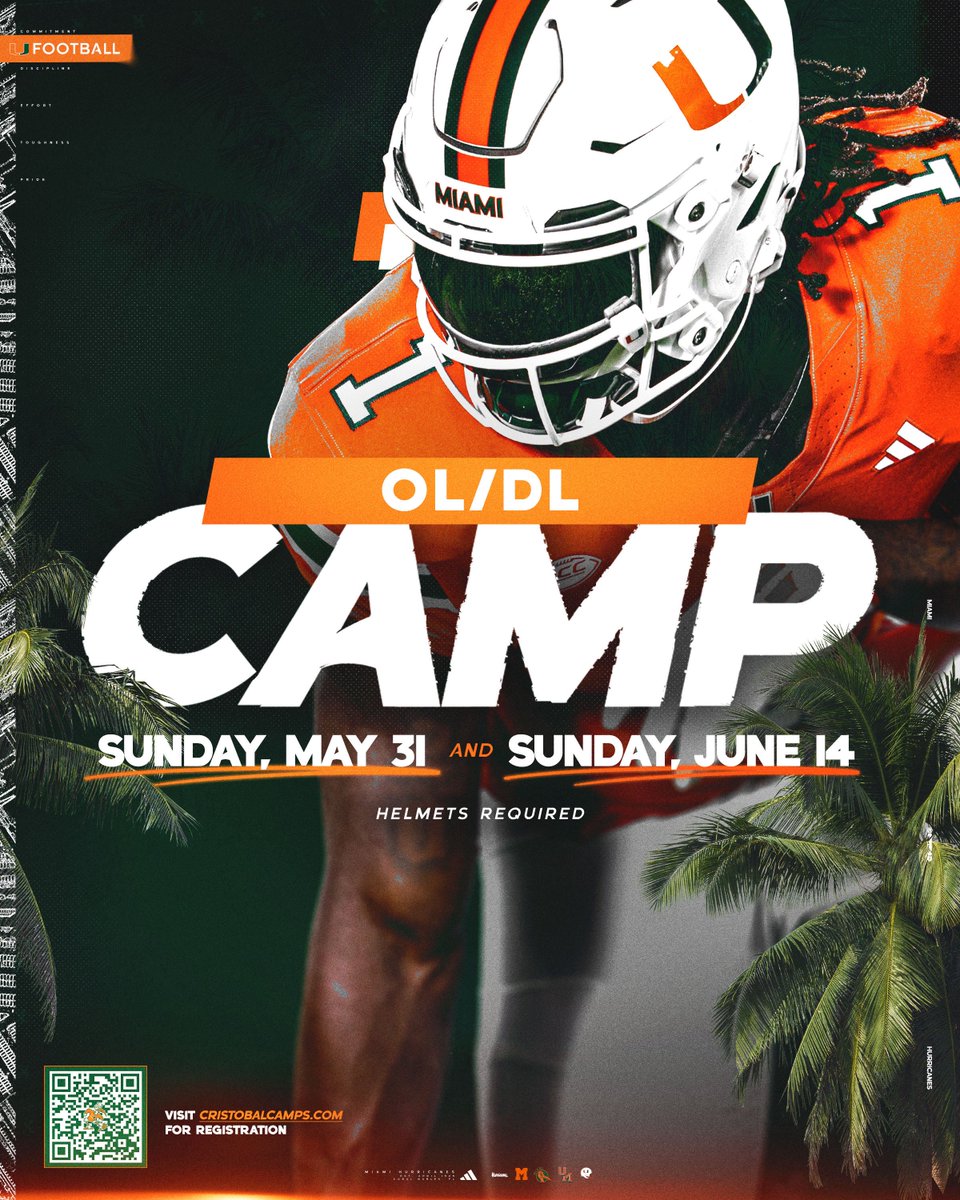 CanesFootball's tweet photo. OL &amp; DL CAMP IS HERE ‼️

RESERVE YOUR SPOT TODAY ‼️

REGISTER at : https://t.co/pf9DFPPqi9

#GoCANES  |  #WORK https://t.co/mMXxRGZWlE