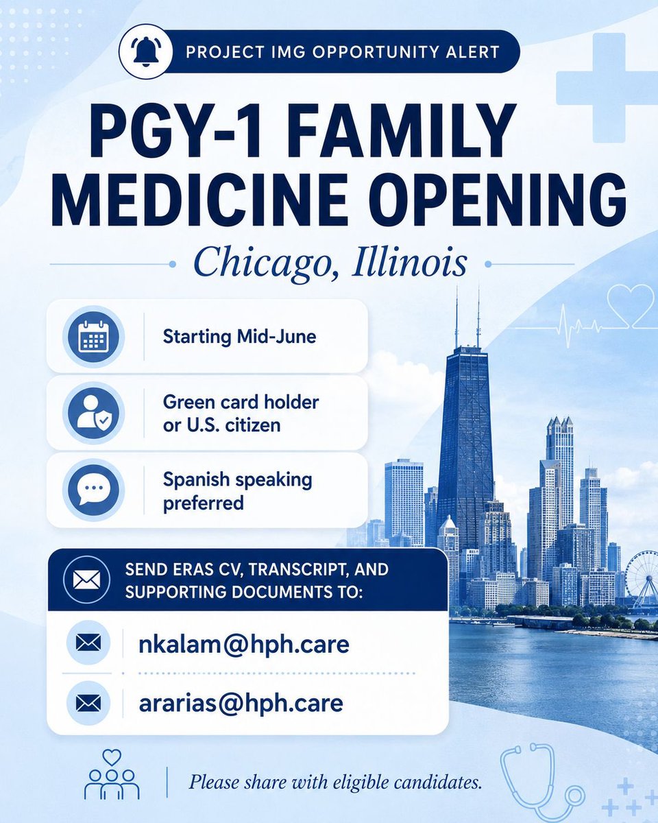 ProjectImg's tweet photo. A new PGY1 opening in Family medicine is available. More details in the image below.
#projectimg #img https://t.co/TPTPIj91ns