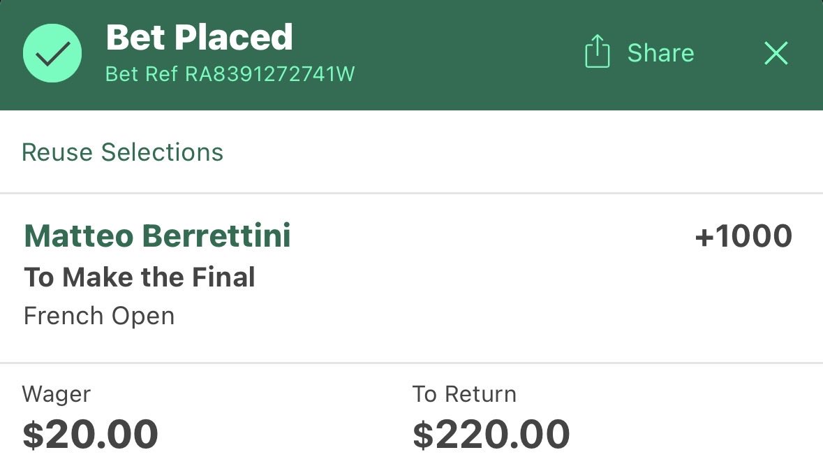 Tremblay3T's tweet photo. And only one player from this group has ever made it past the fourth round at #rolandgarros

Berrettini +1000 to be a finalist ✍️ https://t.co/3CW77wXY1w