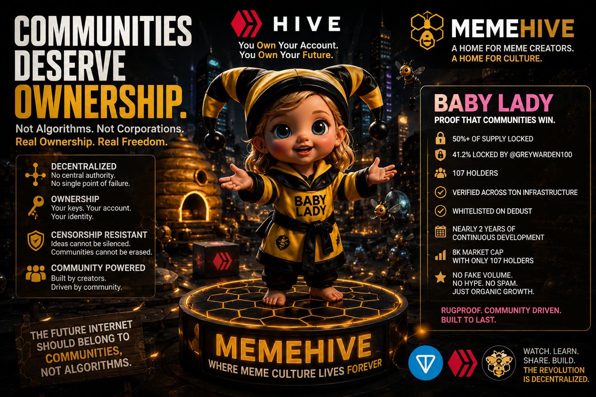 BabyLadyMemes's tweet photo. Something interesting is happening.

A video about Hive, MemeHive, creator ownership, censorship resistance, and decentralized social media has already generated thousands of views, hundreds of likes, dozens of comments on TikTok. Here is the link: https://t.co/M3Yx5OGQHE

That tells me people are looking for alternatives.

Not because they want to abandon X, Telegram, YouTube, or TikTok.

But because they understand the risk of building entire communities on platforms they do not control.

The message of the video is simple:

Communities need durable foundations.

Hive gives creators ownership through private keys.

MemeHive gives meme creators a home.

And projects like Baby Lady prove that communities can grow organically without fake volume, artificial hype, influencer spam, or exit liquidity games.

The original Baby Lady team abandoned the project less than a week after launch.

Today:
• 50%+ of supply is locked
• 41.2% locked by @greywarden100
• 107 holders
• Verified across TON infrastructure
• Whitelisted on DeDust
• Nearly 2 years of continuous development
• Built entirely in public

That isn't hype.

That's persistence.

Watch the video: https://t.co/IspGw3jFwj

Share it if you think creators deserve ownership and communities deserve permanence.

The future internet should belong to communities, not algorithms.

#Hive #MemeHive #TON #Web3 #Memecoin