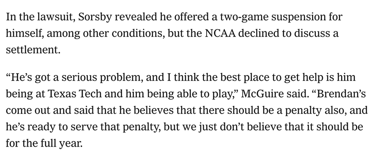 ChrisVannini's tweet photo. ✍️ Texas Tech coach Joey McGuire pushes for Brendan Sorsby's reinstatement after gambling violations.

“He’s got a serious problem, and I think the best place to get help is him being at Texas Tech and him being able to play."

More: https://t.co/hIFeUQAUPm https://t.co/D0DLEtQXZY