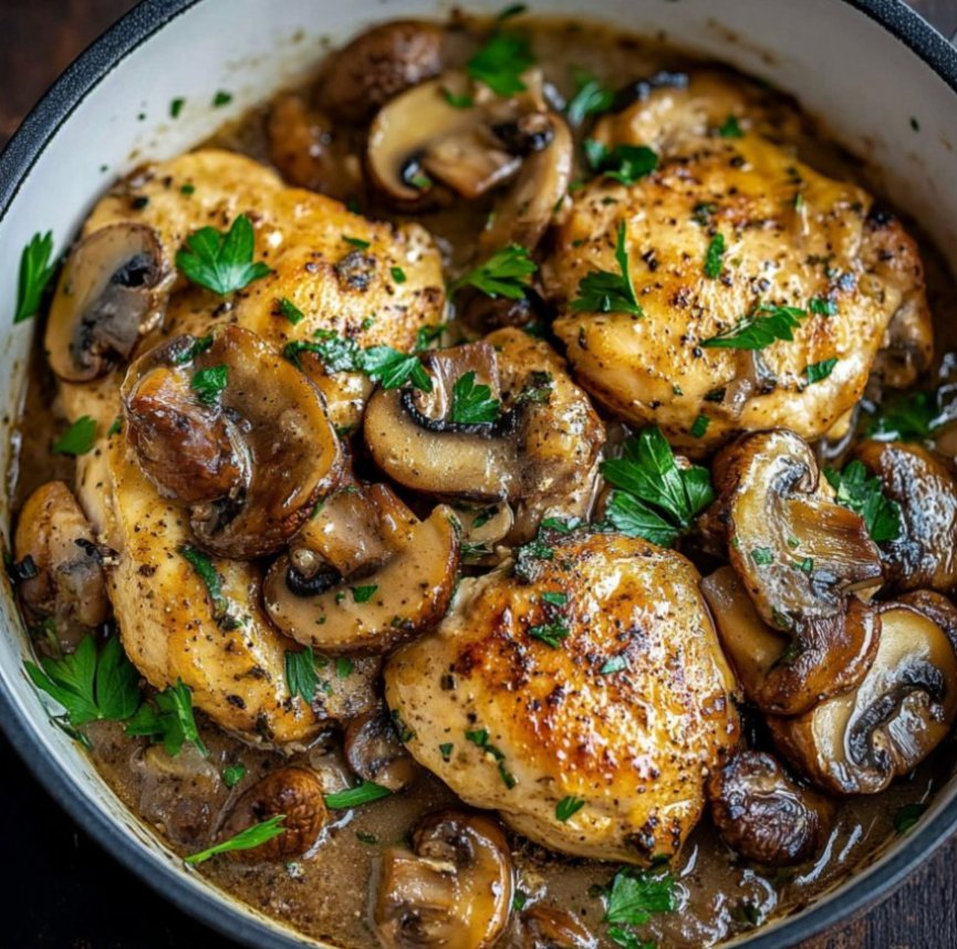 summer_food's tweet photo. 20-Minute Skillet Mushroom Chicken

Ingredients :

1 ½ lb boneless, skinless chicken breasts
Kosher salt and black pepper
1 tsp oregano
1 tsp paprika
1 tsp coriander
2 tbsp extra virgin olive oil
12 oz fresh mushrooms (any type), sliced
½ cup chicken broth
1 tbsp ghee or unsalted butter
3 green onions, chopped
2 garlic cloves, minced
Parsley for garnish (optional)

Instructions :

Preheat the oven to 200°F.
Slice the chicken breasts horizontally to create thinner cutlets. Season with salt, pepper, oregano, paprika, and coriander.
Heat 2 tbsp of olive oil in a large skillet over medium-high heat. Sear the chicken for 3-4 minutes on one side, flip, and cook for another 3 minutes until golden brown.
Transfer the chicken to an oven-safe dish and keep warm in the preheated oven.
In the same skillet, add butter and sauté the mushrooms for about 5 minutes until they soften. Add chicken broth, garlic, and green onions. Season with salt and pepper.
Bring the sauce to a boil, then lower the heat. Scrape up the browned bits from the bottom of the pan for added flavor.
Nestle the chicken into the sauce, spoon some over the top, and serve immediately.