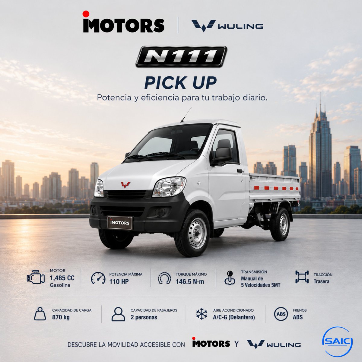 WulingHonduras's tweet photo. Conocé el nuevo N111 PickUp de  Wuling, marca de SAIC Motor, el conglomerado automotriz más grande de China.

• Motor 1.5L • 110 HP
• Capacidad de carga de 870 kg
• Tracción trasera • AC

Potencia y confiabilidad ya  Disponible en Honduras con @iMotorshn 

#Wuling #iMotors https://t.co/nmNPcHZBEp