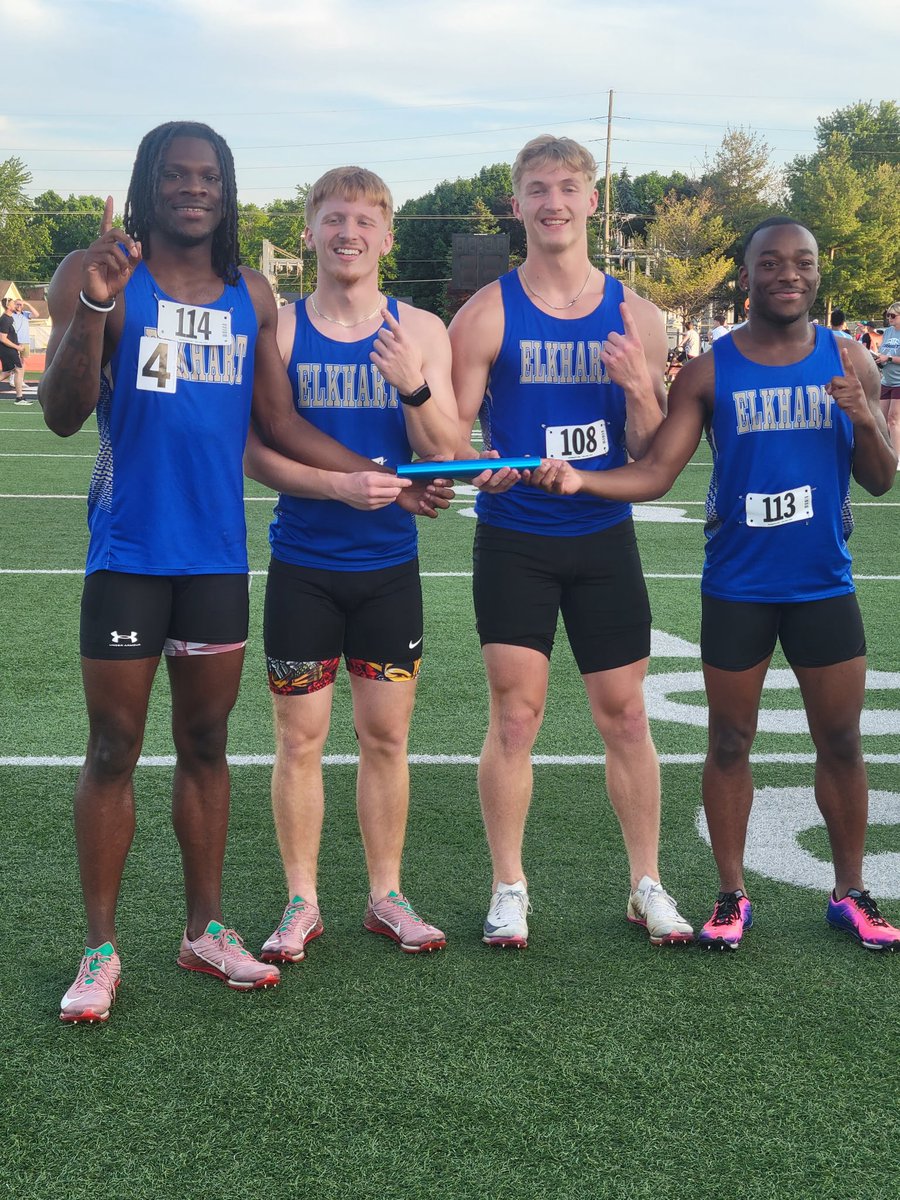 ElkhartHSSports's tweet photo. Alonzo, Wyatt, Cole, and Alfonzo are regional champs in the 4x100! https://t.co/VdICIff04K