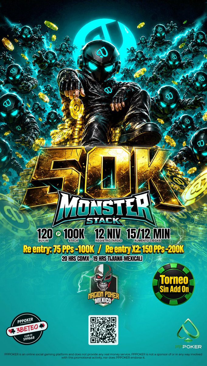 ingejmnz's tweet photo. 💰 $50,000 Garantizados
🃏 100K iniciales
🚀 Reentry X2 = 200K fichas
⏰ 12 niveles de registro tardío

Haz tu registro en el nivel 1 y 2 y obtén 50% más de stack inicial 
Y lo más importante…
🚫 SIN ADD ON 🚫

Aquí gana el mejor poker, no el que compra más fichas al final. 😈♠️

Descarga el app: #pppoker 
🆔 Club 599668

#pokeronlinemexico #PPPoker #PokerMexico #MonsterStack #TexasHoldem #Poker #nacionpokermexico #JuevesDeTentación
