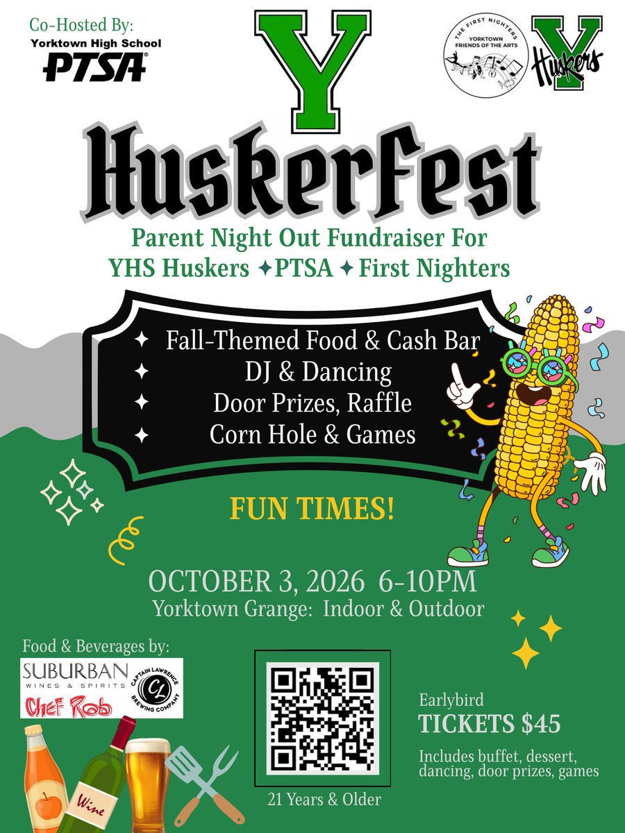 FirstNighters's tweet photo. Save the date for HuskerFest on October 3, 2026!
Hosted by the YHS Huskers, PTSA &amp; First Nighters, HuskerFest will feature food, music, dancing, games, raffles and more, all while supporting our school community.  Tix on sale:
https://t.co/QSVOdC1EA7
shop/items/58f4a8623527 https://t.co/oAp6kuMcNZ