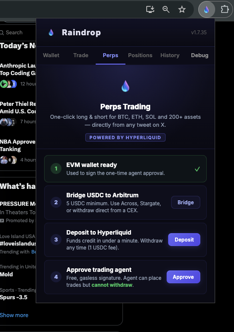 RaindropOnX's tweet photo. Raindrop x Hyperliquid.

Long and short all tokens supported by Hyperliquid with your preset values directly from X— all tickers supported by Hyperliquid have an automatic painted overlay directly on X when mentioned along with 1-click long/short capabilities. https://t.co/asY7IFl0yx