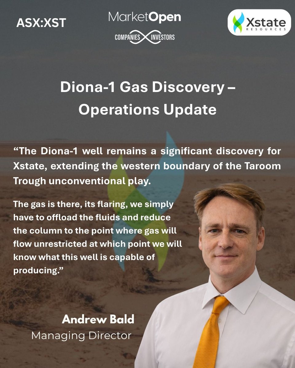 MarketOpenAUS's tweet photo. $XST Xstate Resources Managing Director Andrew Bald on Diona-1 Gas Discovery – Operations Update and fluid removal plans. 

@XstateResources 

#XST #Gas #Energy #ASX https://t.co/mbEBeKK5ya
