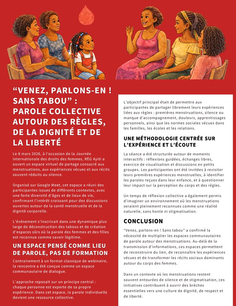 regayiti's tweet photo. Nous vous invitons à lire, partager et faire circuler cette troisième édition de notre bulletin, afin d’amplifier ensemble les savoirs produits et de renforcer la mobilisation autour de la dignité menstruelle en Haïti.

#DigniteMenstruelle
#lavoixderegayiti
#regayiti https://t.co/XuXbIS5Asj