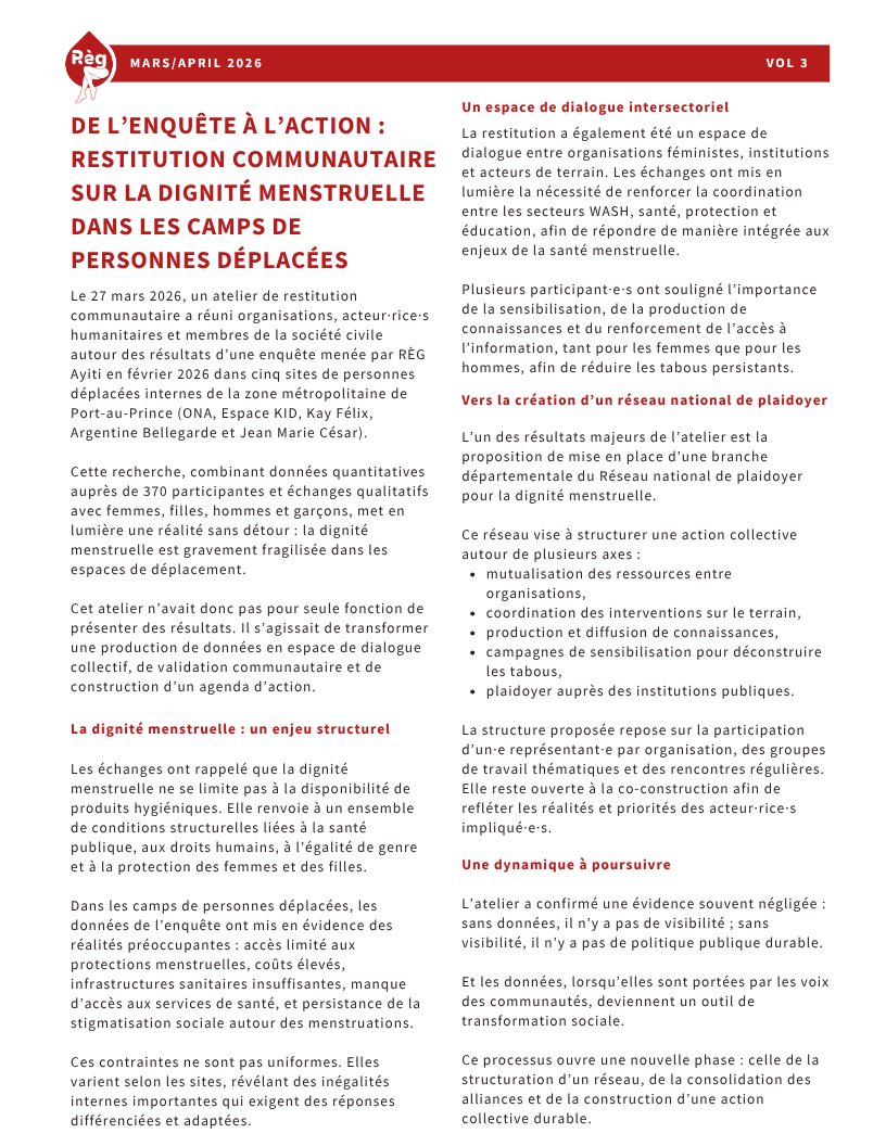 regayiti's tweet photo. Nous vous invitons à lire, partager et faire circuler cette troisième édition de notre bulletin, afin d’amplifier ensemble les savoirs produits et de renforcer la mobilisation autour de la dignité menstruelle en Haïti.

#DigniteMenstruelle
#lavoixderegayiti
#regayiti https://t.co/XuXbIS5Asj