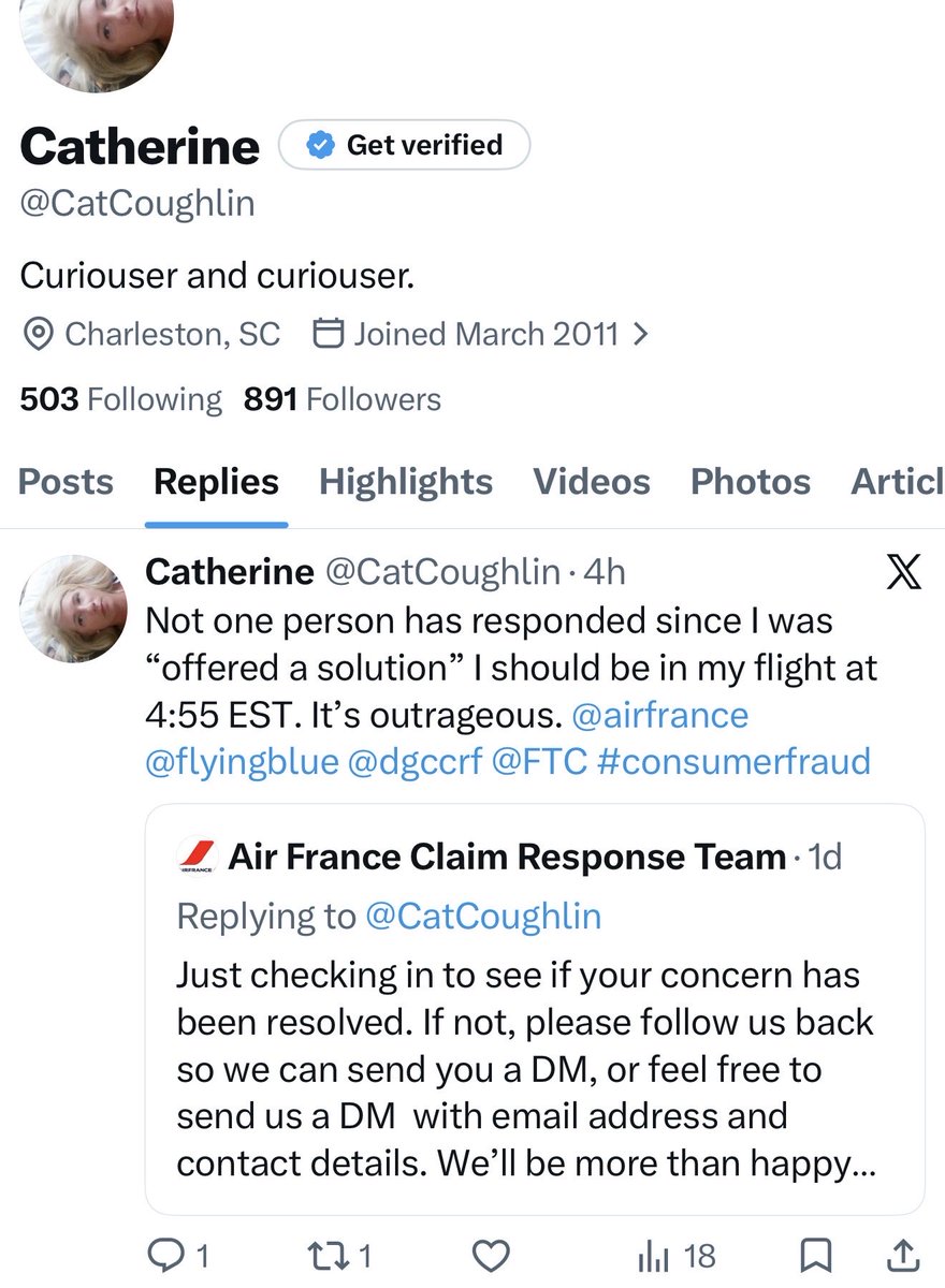 CatCoughlin's tweet photo. @airfrance @flyingblue stand behind the disaster your agent caused and reimburse the cost of my last minute #DELTA TICKET.  @dgccf @FTC #consumerfraud #consumerwarning @FAANews https://t.co/TlzkWCt5YD