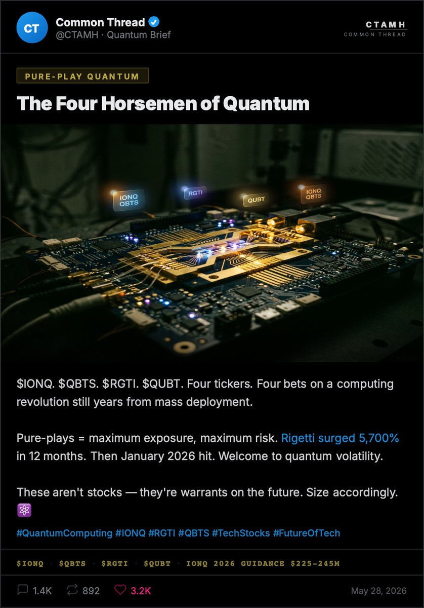 willmydell's tweet photo. Quantum computing went from lab experiment to $1B+ revenue sector in 2025 — and the biggest names in tech are all in.

Swipe through our breakdown of every public stock with meaningful quantum exposure: pure-plays, tech giants, defense, hardware, and security.

Which tier are you watching? 👇

#QuantumComputing #TechStocks