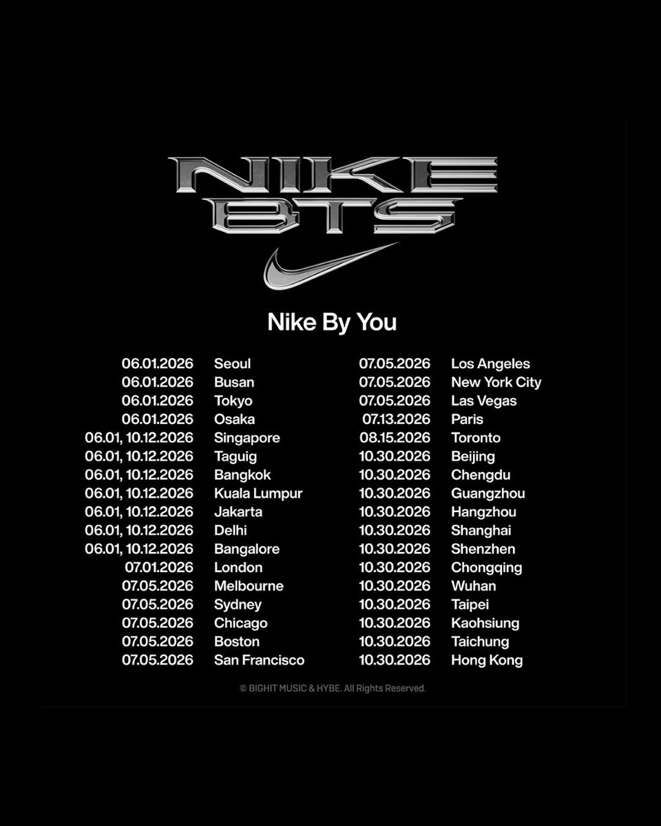 ai_jiminily's tweet photo. <Nike By You>
KUALA LUMPUR : 1/6/2026, 12/10/2026

<Nike x BTS Merch>
KUALA LUMPUR : 26/8/2026

🔗: https://t.co/qiwNulM9QS https://t.co/aTKxiAnrV3