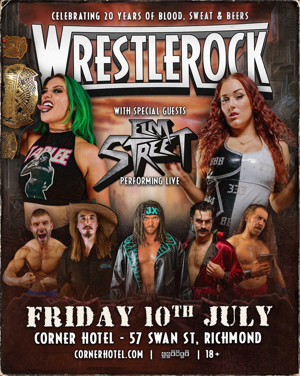 WRESTLEROCK's tweet photo. WRESTLEROCK takes over Richmond’s iconic Corner Hotel on Friday July 10!

Direct from the USA, @AllieKATCH will be in action, and @metalelmstreet bring the hard rock!

It’s gunna be a big one! 🔥

🎟️ https://t.co/k7rcysZxj8 https://t.co/GV9b2fBuMA