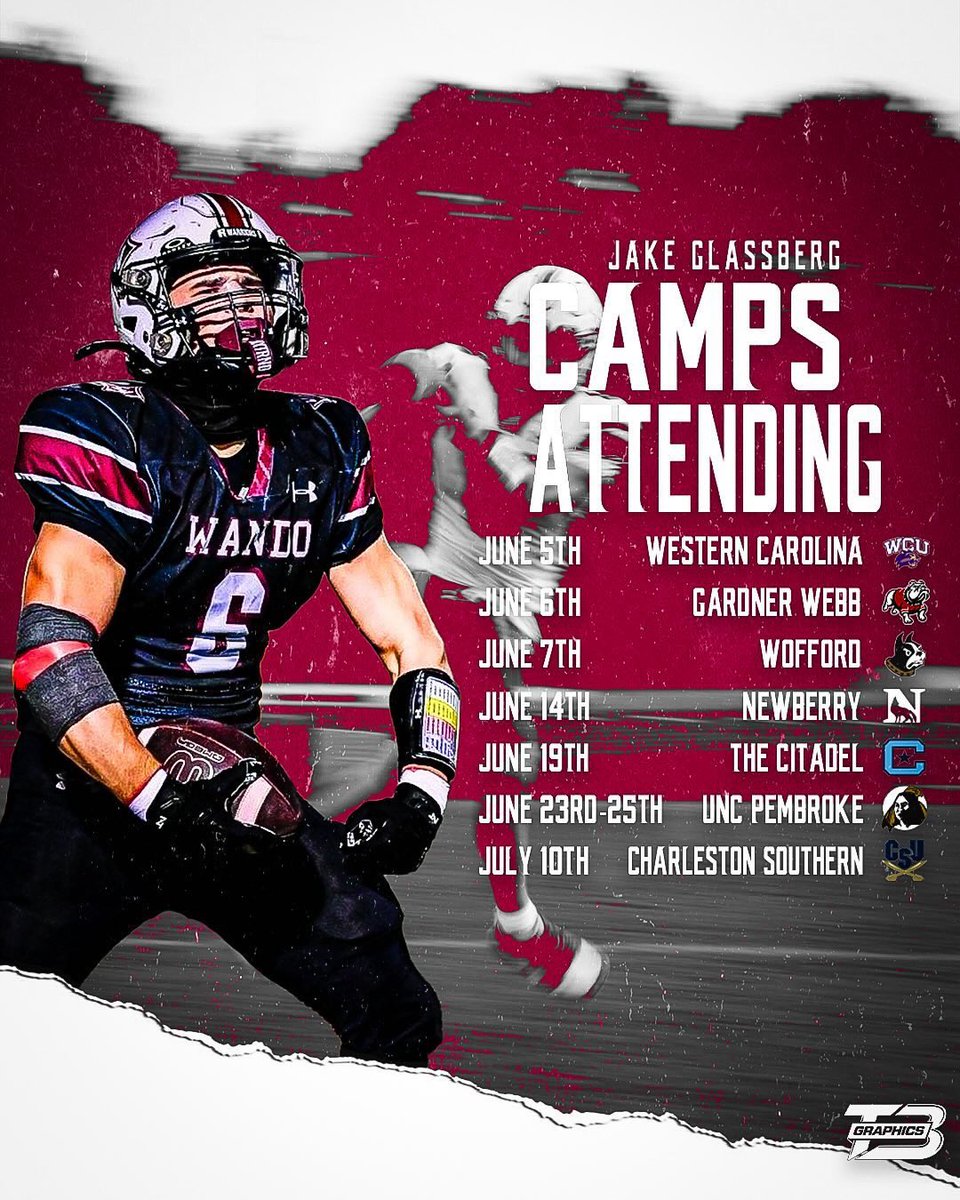 JakeGlassB2027's tweet photo. Check out the camps I’m going to be attending this summer!! @CoachPerrin61 @WandoHSFootball @CoachNic2336 @CoachTerp_ @coach_dees @CoachAurandt @PrepRedzone @COACHMAC515 @NationalPrepsFB @PrepRedzoneSC @COACHMAC515 @odr365 @boulder913 @JaydenHuberCFB @CooperGosch @CoachWoodring71 @Coach_Rankl @CoachTEverett