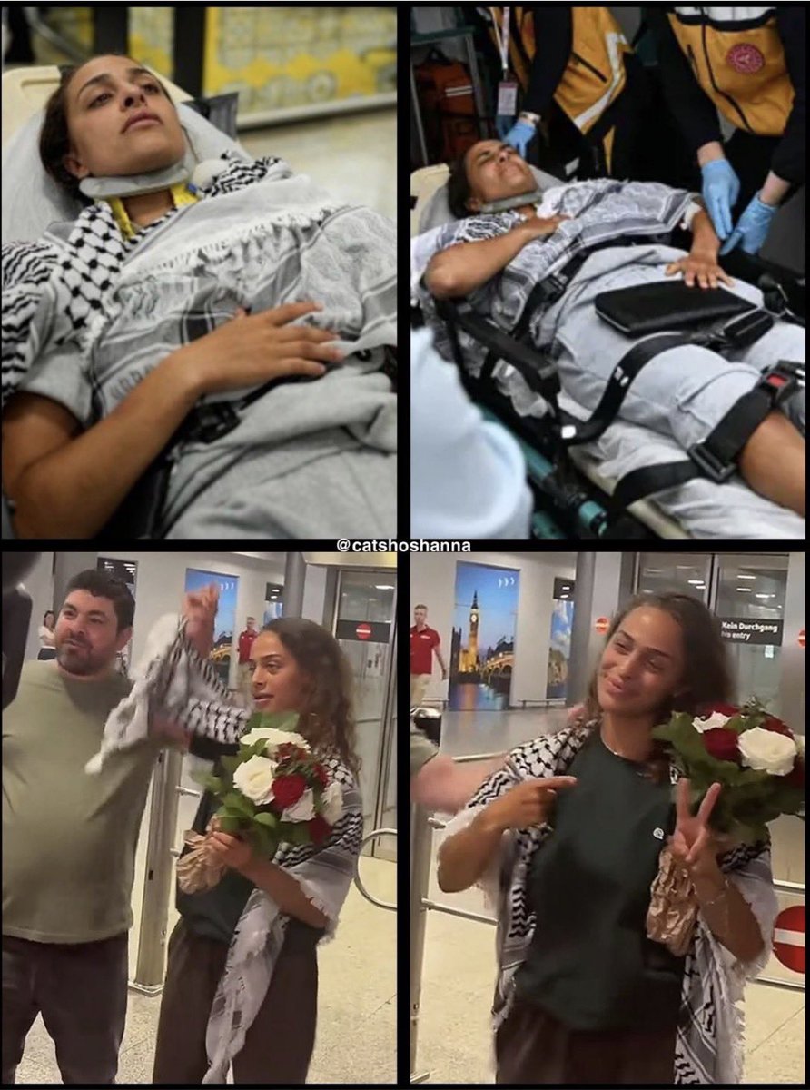 TheDusty_Duster's tweet photo. @hureyaksa It’s amazing how this flotilla activist claimed she had a broken neck but appears happy and standing on her own feet as if she wasn’t hurt at all https://t.co/U6ZgRcxKuj