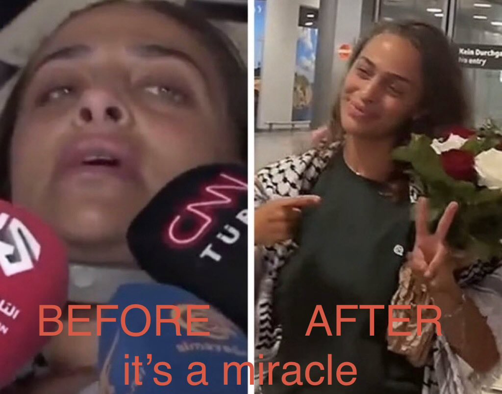TheDusty_Duster's tweet photo. @hureyaksa It’s amazing how this flotilla activist claimed she had a broken neck but appears happy and standing on her own feet as if she wasn’t hurt at all https://t.co/U6ZgRcxKuj