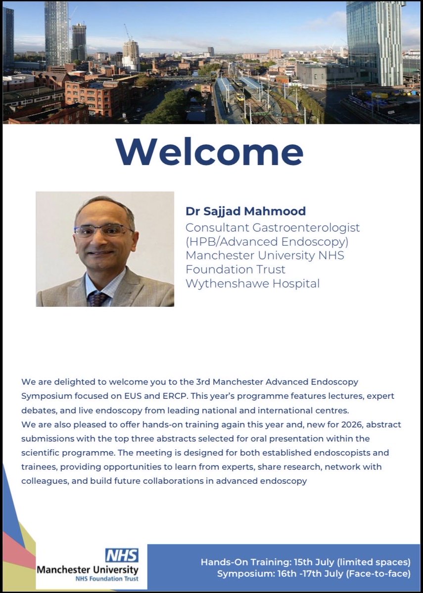 smkahlon's tweet photo. MAES EUS/ERCP 2026 final programme is out!
📍 Manchester 15–17 July 2026
Join us for live EUS &amp; ERCP cases, international faculty, hands-on training, expert debates, abstract presentations with awards, and the latest advances in HPB endoscopy https://t.co/z8eArNgeIC