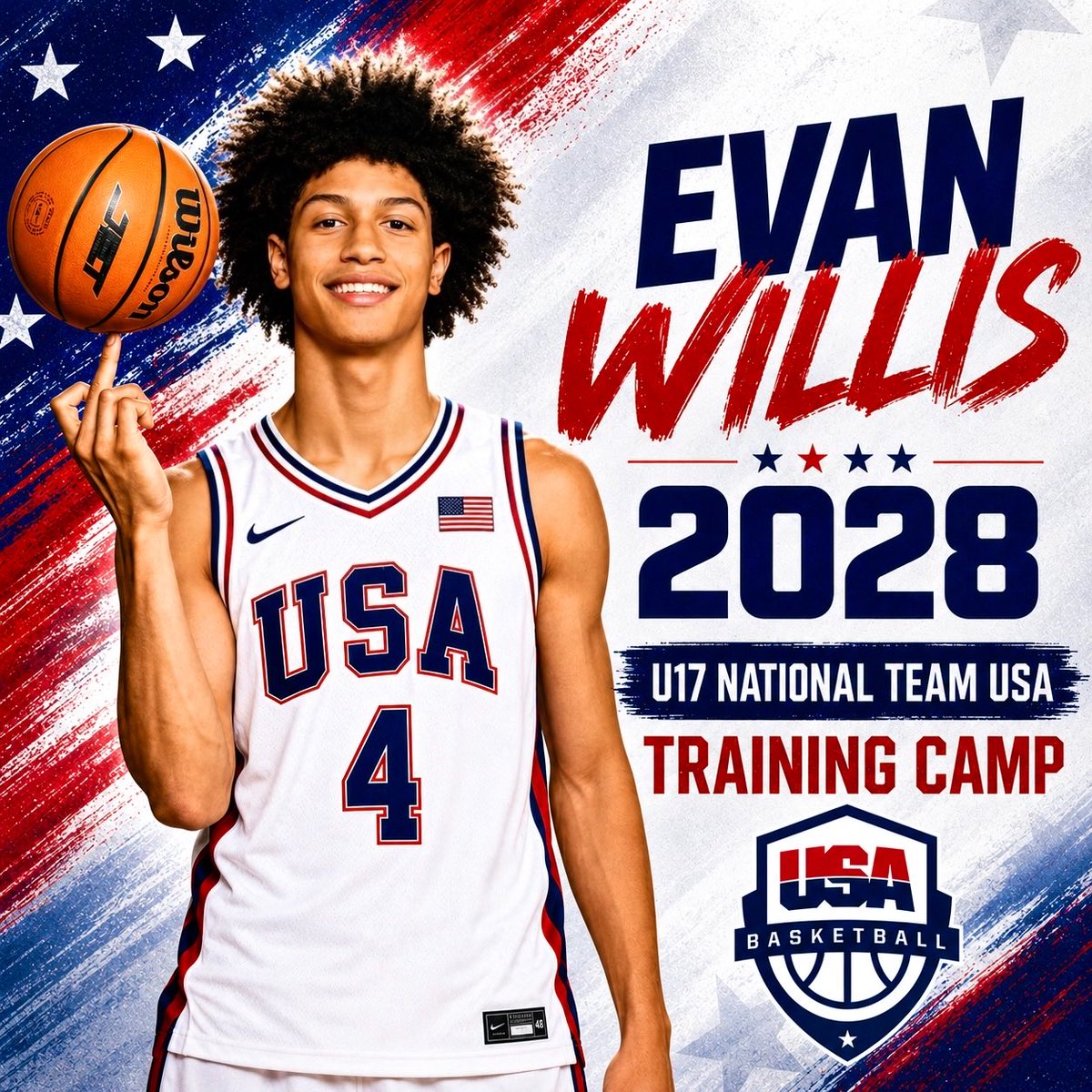 The_Evan_Willis's tweet photo. Thankful for the opportunity to compete on the biggest stage &amp; represent something bigger than myself 🇺🇸 
U17 National Team USA Training Camp is an honor I don’t take lightly. Grateful for everyone who’s helped me get to this point. 
#USABasketball #TeamUSA #Blessed #CAA https://t.co/FiegezOdjX