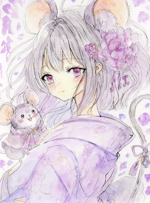本日の23時25分までヤフオクに出品しています! 宜しければぜひ #同人手描きイラスト #東方Project #ナズーリン #原画 #透明水彩