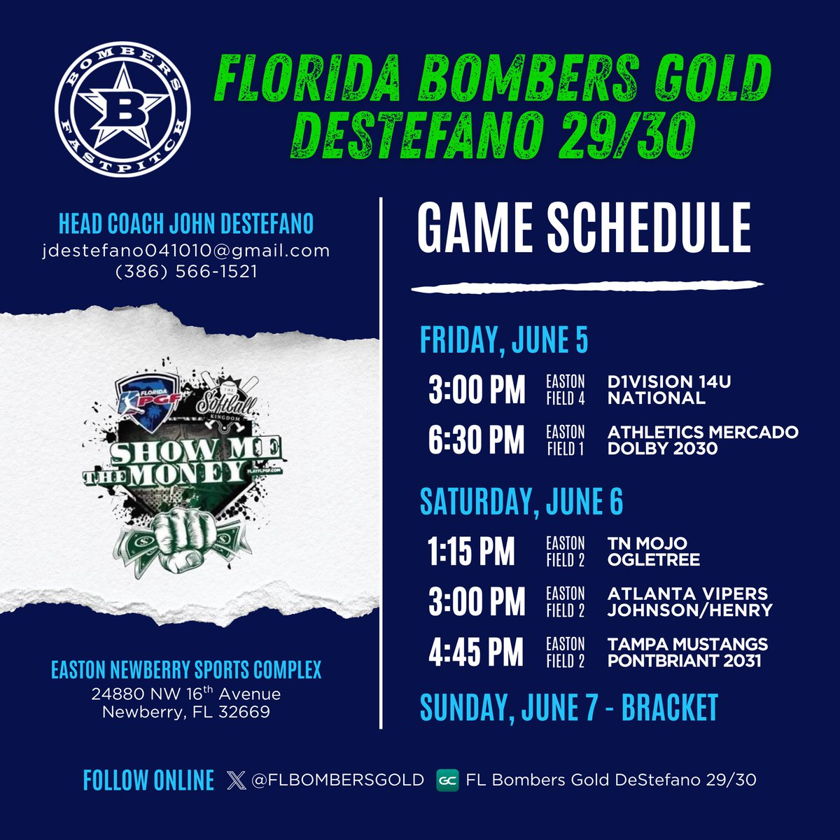 brooklyncat2030's tweet photo. Schedule drop! I can’t wait to take the field with my team @flbombersgold at @PGFnetwork Show Me The Money next Friday. We’d love to see you as we kick off our summer! ☀️

@ExtraInningSB @TopPreps @SBRRetweets @MaxPreps @SoftballDown @LineDsoftball @brentteads @prepsoftball @usasoftballrec @thewowsb @ConnectSports_ @flpgfmedia @SoftbalAmerica @nextpitch_sb @RecruitingSBall @SunilSportsNews @sportprepx @top_d1recruits @osvarsity @flbombersgold @bombers_fp @bombercoach @jerrymcmeel @coachcamacho27 @h4tcudatboyz @LMHSRams