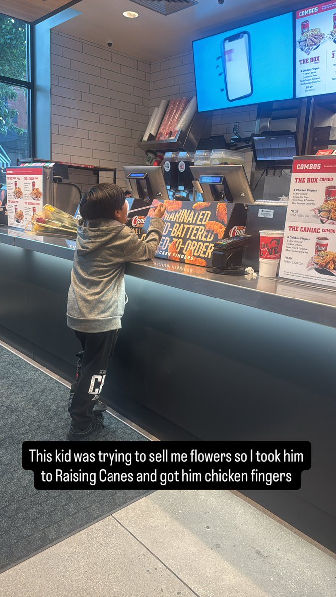 bnewmski's tweet photo. @raisingcanes there’s immigrant families with kids selling candy / flowers on Randolph street near the store who deserve your magical chicken fingers. https://t.co/XkCkBgIylO