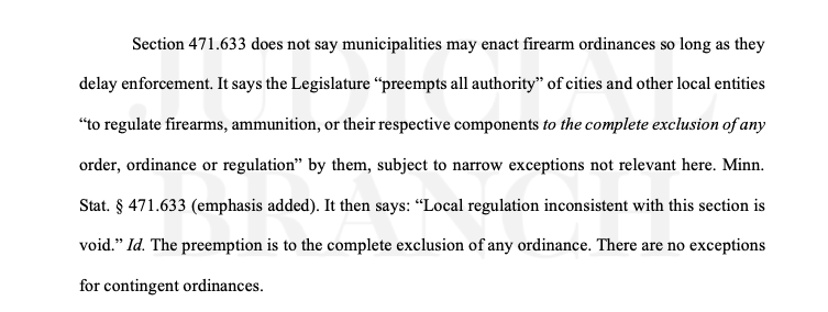 mnguncaucus's tweet photo. 🚨 BIG WIN: Judge Castro just DENIED the City of Saint Paul's motion to dismiss our preemption lawsuit. Caucus v. City of Saint Paul is moving forward in Ramsey County.

The City argued it could pass a gun ordinance as long as it delayed enforcement. The Court wasn't buying it.

Judge Castro: the Legislature "preempts all authority" of cities "to regulate firearms... to the complete exclusion of any order, ordinance, or regulation."

And the line that says it all:
"There are no exceptions for contingent ordinances."

State law preempts local gun control. Period.

Next stop: a Motion for Summary Judgment to strike down and enjoin Saint Paul's illegal ordinance for good.

We beat tyrants in court because members like you make it possible. 

Help us keep fighting.
📄 Read the order and every filing: https://t.co/IpLnlwpf6z

❤️ Donate to the Caucus and the MN Gun Owners Law Center: https://t.co/mImFg04I6l
#mnleg #2A