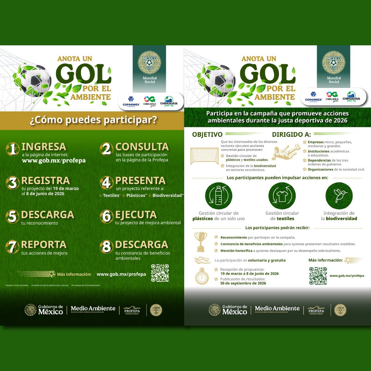 chihgreen's tweet photo. 🌎⚽ ¿Tu empresa impulsa proyectos de economía circular? 

Súmate a #GolPorElMedioAmbiente.

✅ Gestión circular de plásticos de un solo uso
✅ Gestión circular de textiles🏆 Reconocimiento 

PROFEPA | 🌱 ESG | 💡 Innovación📅 Hasta el 8 de junio

📲 https://t.co/vNEvs0H7es♻️🚀 https://t.co/MClgikMUyD