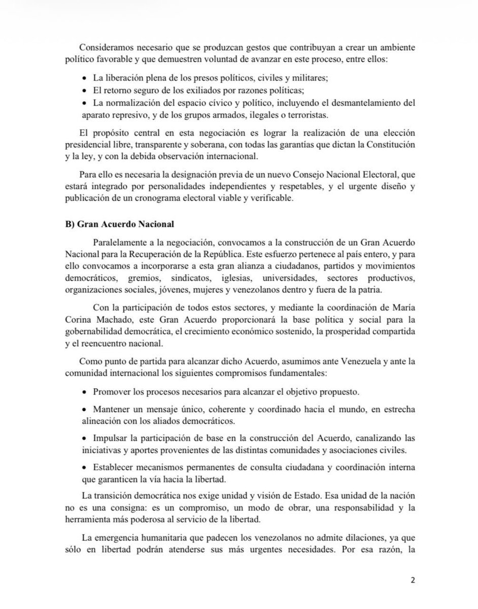 estendenciavzl's tweet photo. "Manifiesto de Panamá" porque las llamadas “fuerzas democráticas” lideradas por Maria Corina Machado, publicaron un documento en el que establecen la ruta para la recuperación de la democracia en Venezuela: 

Plantean: 

-Una negociación con el régimen interino de Delcy  Rodríguez, con acompañamiento de EEUU. 

 Considerando necesario 3 puntos claves: 

•Liberación de todos los presos políticos. 

•Retorno seguro de exiliados. 

•Desmantelamiento de grupos armados represivos (colectivos). 

-La convocación de un “Gran Acuerdo Nacional para la Recuperación de la República” donde llaman varios sectores a incorporarse a la alianza. 

Con la intención de: 

•Promover procesos necesarios para alcanzar el objetivo propuesto. 

•Mantener un mensaje único y coherente. 

•Establecer mecanismos de consulta ciudadana que guíen hacia la libertad.