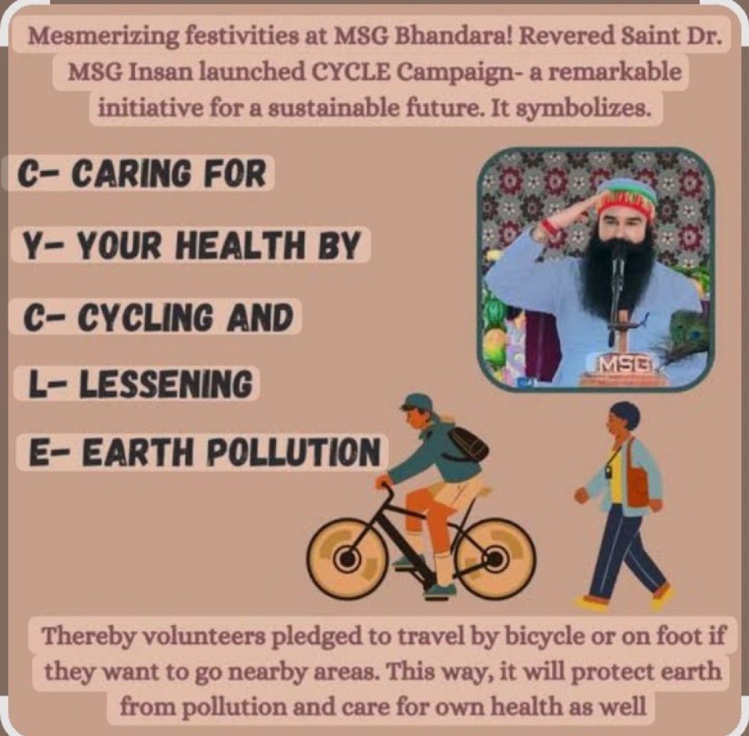 JyotiInsan83785's tweet photo. सभी को स्वस्थ जीवन का उपहार देने के लिए Saint Gurmeet Ram Rahim ji  ने Cycle Campaign नामक मानवता भलाई की शुरुआत की जिसके अंतर्गत लोग कम दूरी तय करने के लिए साइकिल या  पैदल चलने का प्रण लिया ,यह मुहिम आपको न केवल स्वस्थ बनाएगी बल्कि वायु प्रदूषण को भी कम करेगी। 
#FridayFitness https://t.co/DxQ0HgYTTA