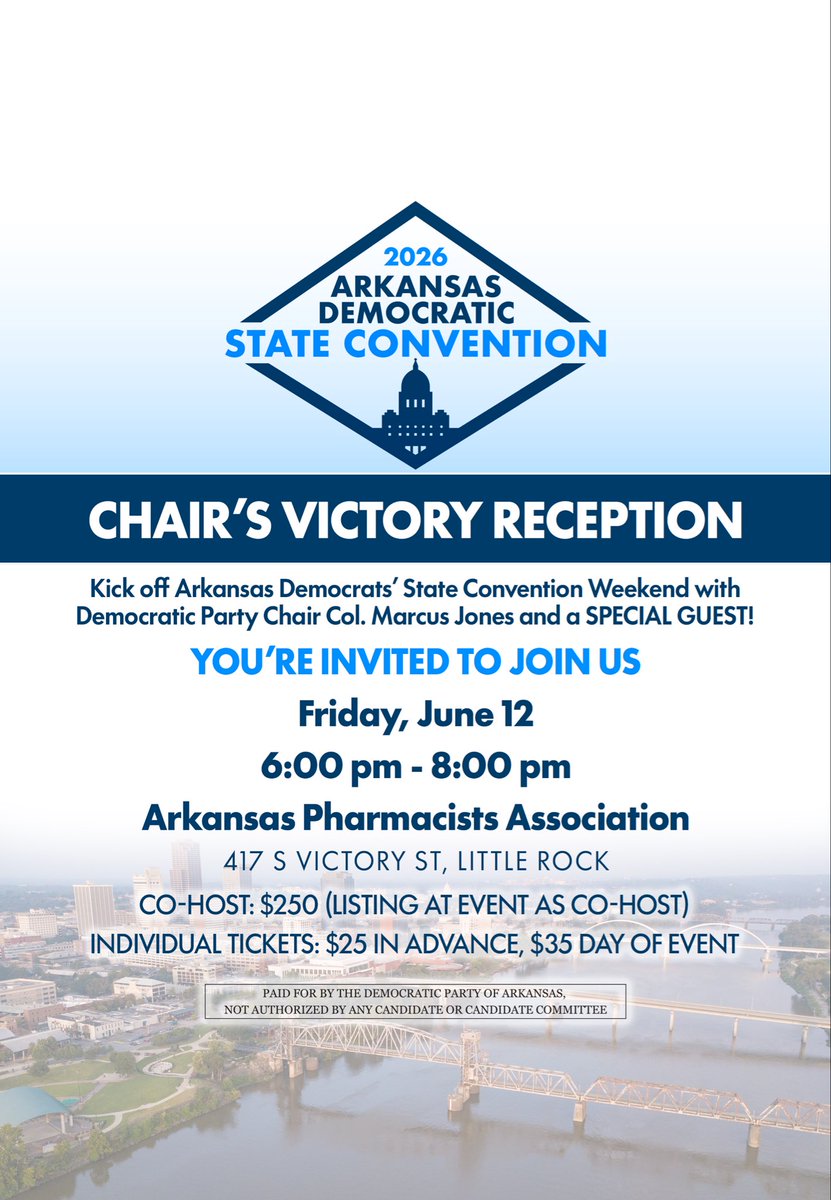 ArkDems's tweet photo. BIG NEWS COMING TOMORROW about a Special Guest for our State Convention‼️ 

DO NOT MISS OUT! RSVP HERE and MARK YOUR CALENDAR 📆 for our Chair’s Victory Reception on Friday!

RSVP ➡️ https://t.co/1f2V0rcdCE

WATCH OUT for an announcement tomorrow morning  🤐👀🤩 https://t.co/TMpnQpLZ6N