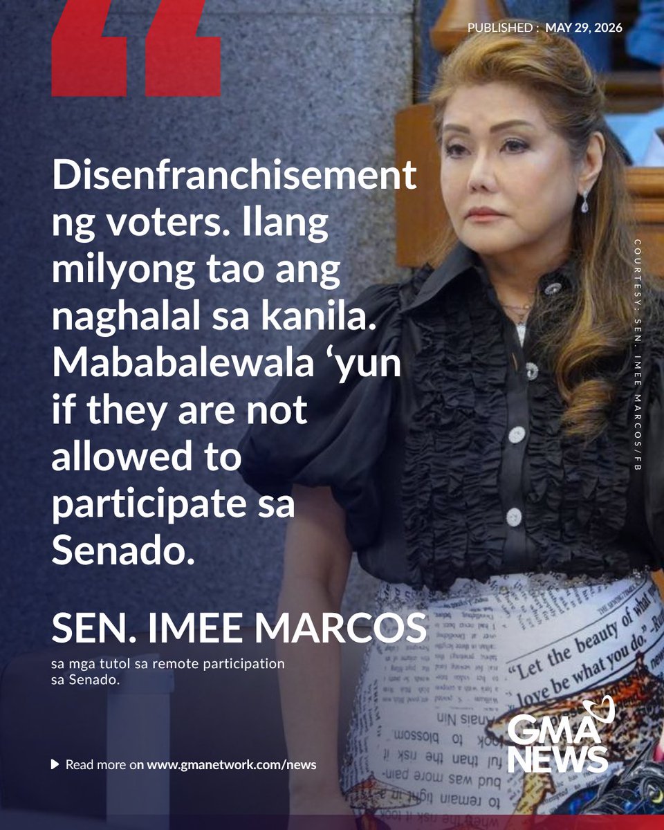 gmanews's tweet photo. Pagharang sa remote participation sa mga sesyon, maituturing umanong disenfranchisement o pagbalewala sa mga naghalal sa mga senador, ayon kay Sen. Imee Marcos. 

“The minority fought for the same para kay De Lima. Kahit hindi pandemic ngayon, the senators are performing a very important duty of being impeachment judges,” dagdag niya. | via @nimfaravelo

Bisitahin ang https://t.co/KqDTBMbm15 para sa iba pang balita.