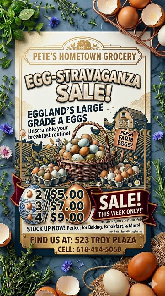 kmdvl06's tweet photo. It’s time to unscramble your breakfast routine because the Egg-stravaganza Sale is officially ON at Pete's Hometown Grocery!
#LocalGrocer #EggSale #PetesHometownGrocery #TroyIL #FreshAndLocal #ShopLocal
https://t.co/SvGHAyXW0O https://t.co/lOFg5VK7u0