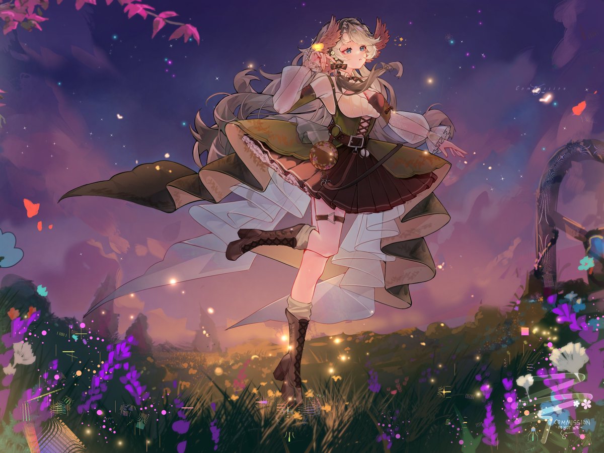 noh_ai1im's tweet photo. What about dancing under  the fading sun in field of flowers and fireflies? 🌌🪻🌄

Here's my first comm post after my X break. Hope y'all are doing fine.

#artmoots #vgencomm #Vgen https://t.co/EjjELJay36