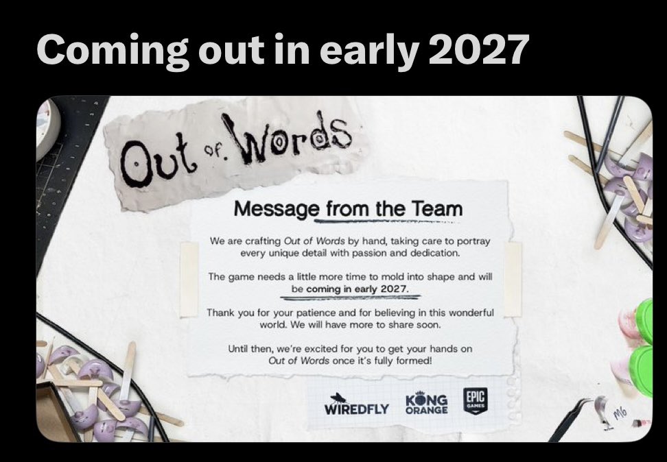 AullorNothing's tweet photo. Out of Words has been delayed to early 2027.

Honestly, with a game built around real stop-motion and handmade details, I’d rather they take the extra time than rush it out.

#OutOfWords #Xbox #PS5 #NintendoSwitch2 #PCGaming #GamingNews https://t.co/1vRIFrDMtD