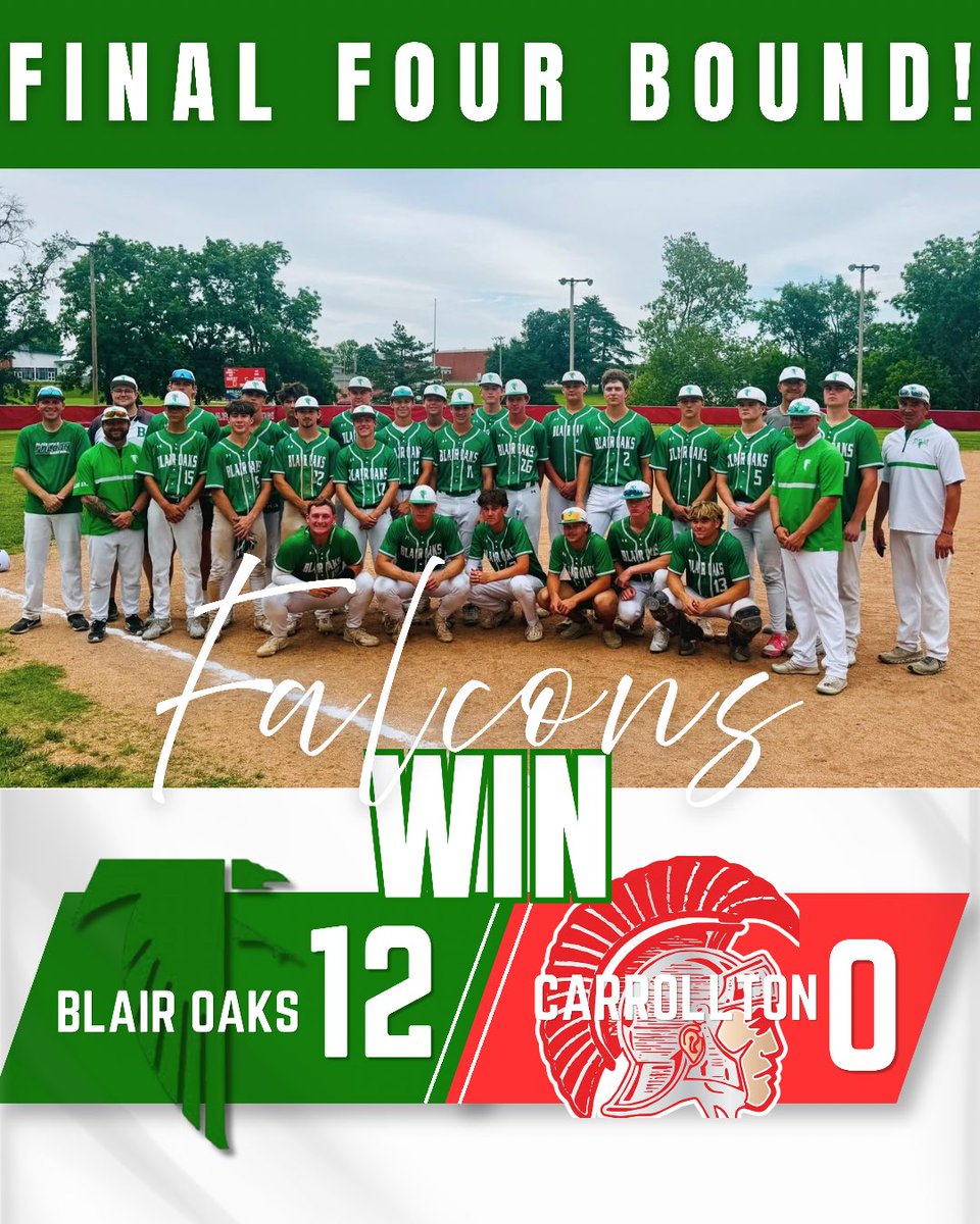 BHSBaseball10's tweet photo. ⏭️ FINAL FOUR BOUND! 🫡
Falcons put on a show tonight to get Quarterfinal win in 5 innings over Carrollton.
⏭️ State Semifinals: Wednesday, 7P vs Licking, Ozark, MO!
Proud of our boys in green! 
GO FALCONS! @WeAreBlairOaks @bmeldrumBO https://t.co/JcONFYVGTk