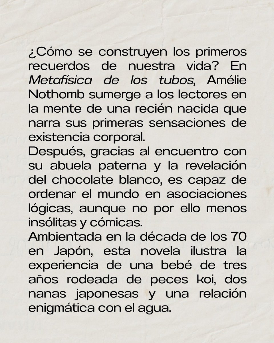circulobdcv's tweet photo. Esta semana les recomendamos 

⭐️Metafísica de los tubos, de Amélie Nothomb⭐️

A través de una narración desconcertante, la autora nos invita a navegar por la mente de una bebé de 3 años🌊 https://t.co/ODazsZeqsC