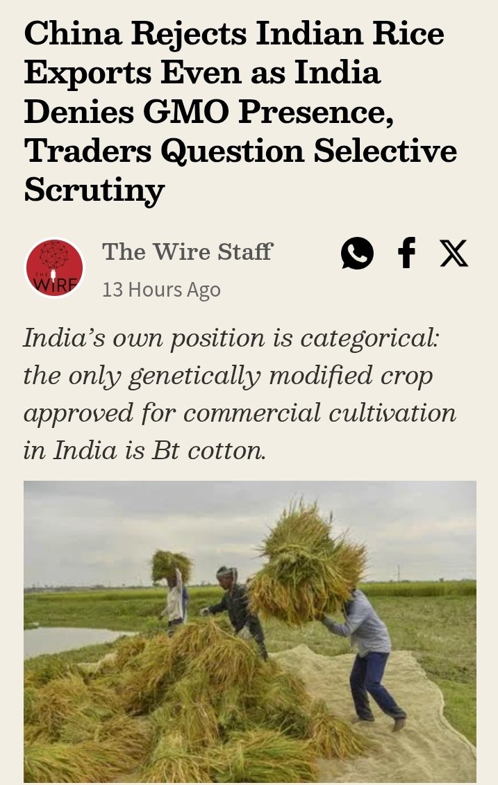 Madhurendra13's tweet photo. 🚨 🇮🇳 भारतीय कृषि निर्यात को दोहरा झटका

🇨🇳 चीन ने भारतीय गैर-बासमती चावल की कम से कम 70 खेपों को यह कहते हुए खारिज कर दिया है कि उनमें GM (Genetically Modified) फसलों के अंश पाए गए हैं।
⚠️ यह कार्रवाई तब हुई है जब चीन की निरीक्षण एजेंसी CCIC की भारत इकाई विशाखापत्तनम स्थित अपनी लैब में भारतीय चावल की जांच और मंजूरी दे रही है।
🥭 दूसरी ओर, 🇯🇵 जापान ने भारतीय आमों के आयात को निलंबित कर दिया है। जापानी क्वारंटीन अधिकारियों ने इस वर्ष निरीक्षण के दौरान भारतीय ट्रीटमेंट सुविधाओं में कीट-नियंत्रण प्रक्रियाओं में खामियां पाई थीं।
📉 इन फैसलों से भारतीय चावल और आम निर्यातकों को बड़ा झटका लग सकता है।
#India #RiceExport #MangoExport #China #Japan #Agriculture