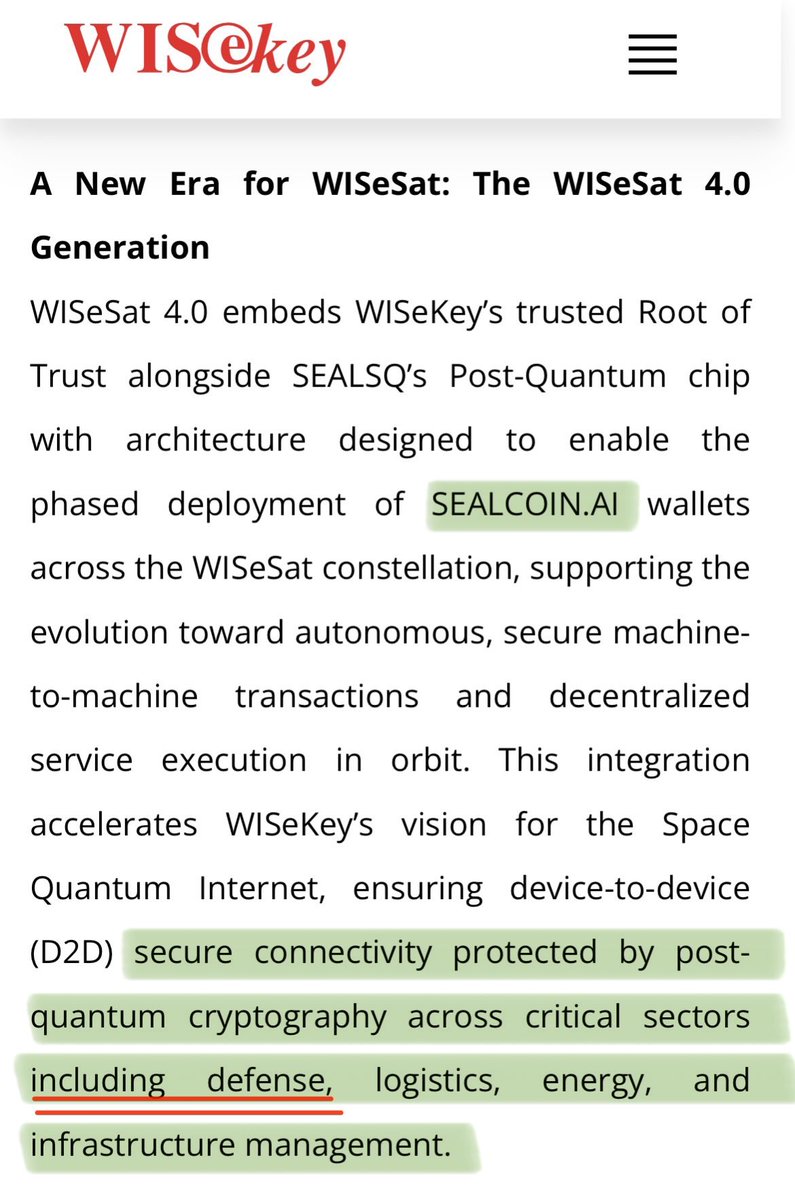 Visualedger's tweet photo. @WISeKey working with @SpaceX 
has already deployed SEALCOIN into space;

to secure connectivity “protected” by post-quantum “cryptography” across critical sectors 

“including defense…”

Powered by Hedera.
$HBAR https://t.co/7jNcTTx6I1