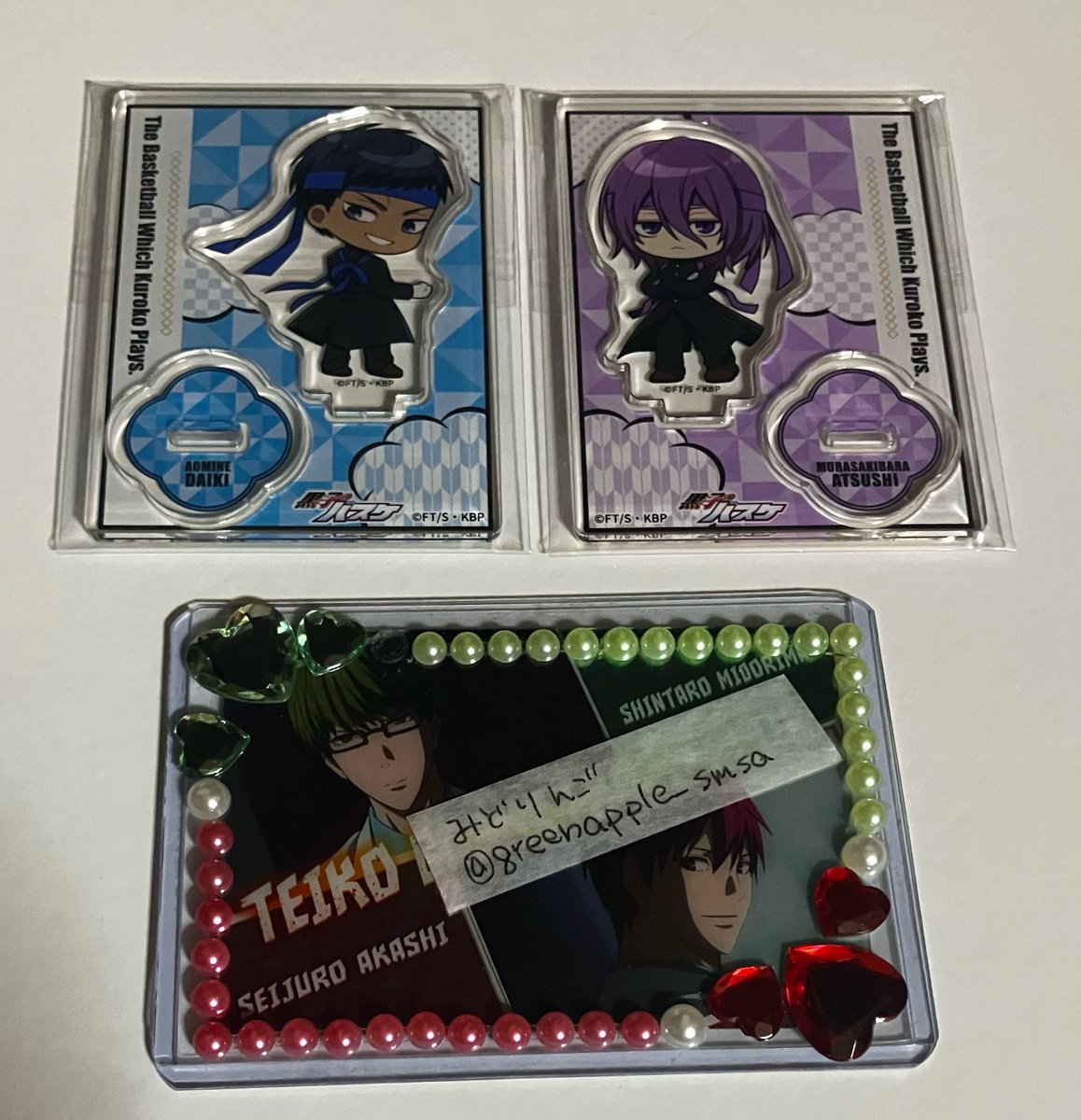 greenapple_smsa's tweet photo. 【交換譲渡】黒子のバスケ　黒バス　応援団

譲
缶バッジ:黒子 降旗 黄瀬 高尾 青峰 紫原 黛
アクスタ:青峰 紫原
ポラショット:黒子 黄瀬 高尾 紫原 黛
特典:黒子 火神 黄瀬 高尾 青峰 紫原 黛

求:定価or赤司（同数まで緑間）

⭐️は赤司との交換。または❣️同数お迎えでの譲渡（降旗>黛>紫原）

↓続 https://t.co/lTA8OJm2vf
