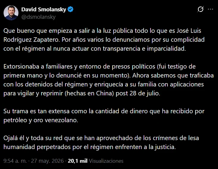 ReporteYa's tweet photo. #28May #Venezuela #DDHH #PresosPolíticos
David Smolansky acusó a José Luis Rodríguez Zapatero de presuntas extorsiones a familiares de presos políticos venezolanos y aseguró haber sido testigo de esos hechos. Las declaraciones surgen en medio de una investigación judicial contra el exmandatario en España. – El Pitazo.
