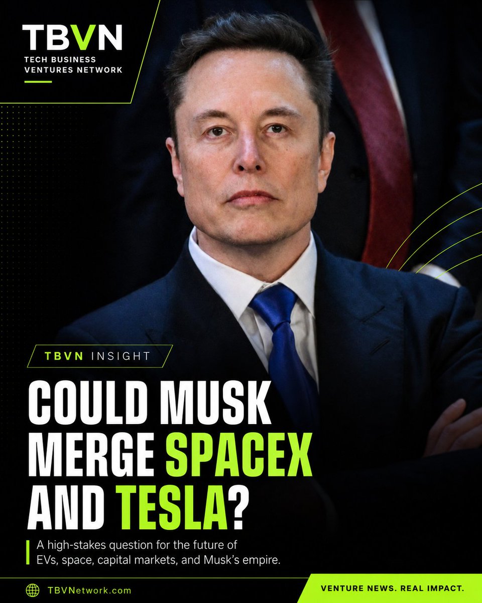 TBVNetwork's tweet photo. Elon Musk has reportedly held discussions about potentially merging Tesla with SpaceX, as betting markets and Wall Street expect a future tie-up between his trillion-dollar businesses. https://t.co/oSTdyT1jye